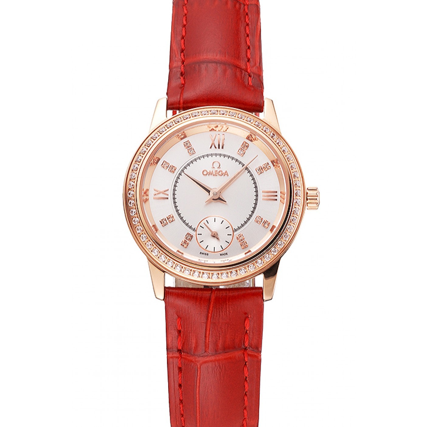 Omega De Ville Prestige Small Seconds White Dial Diamond Bezel Rose Gold Case Red Leather Strap